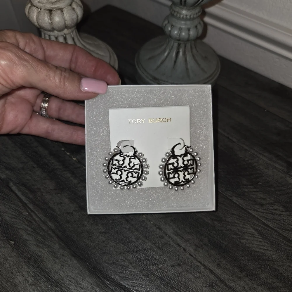Tory Burch White Pearl and Silver Statement Earrings